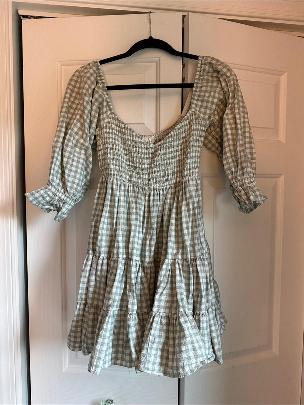 Smocked Gingham Tiered Midi Dress - Light Green/White